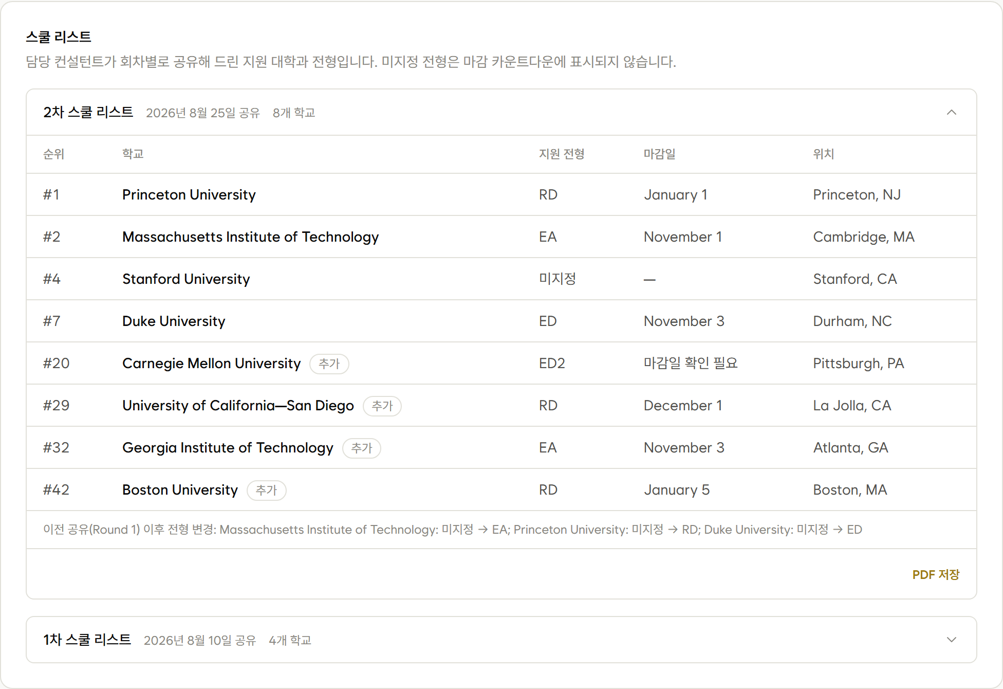 포털 스쿨 리스트 — 2차 공유분 8개 대학의 지원 전형·마감일·위치